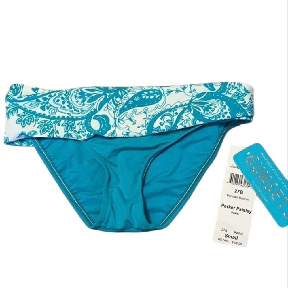 NWT sunsets brand size small turquoise and white paisley print bikini bottom